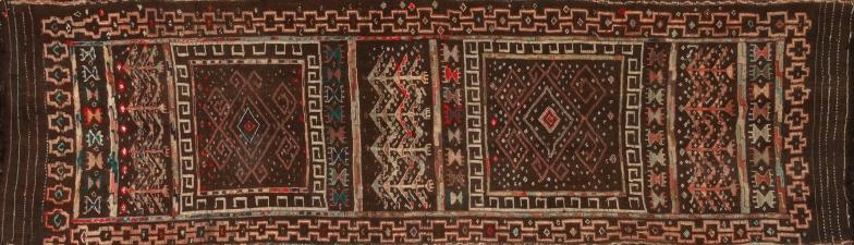 Middle Eastern runner embroidered with geometric motifs onto a brown ground, 240cm x 65cm : For