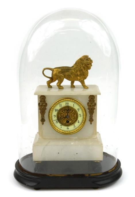 19th Century alabaster mantel clock with metal lion finial and mask mounts flanking the central