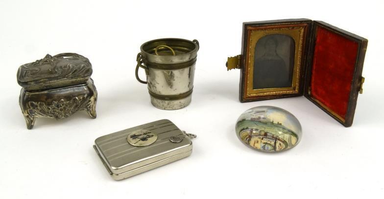 Objects comprising a bucket shaped inkwell with china liner, Art Nouveau style ring box, Victorian