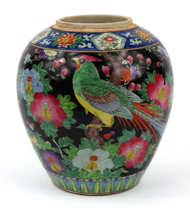 Chinese porcelain jar enamelled in the famille verte palette with birds amongst flowers and