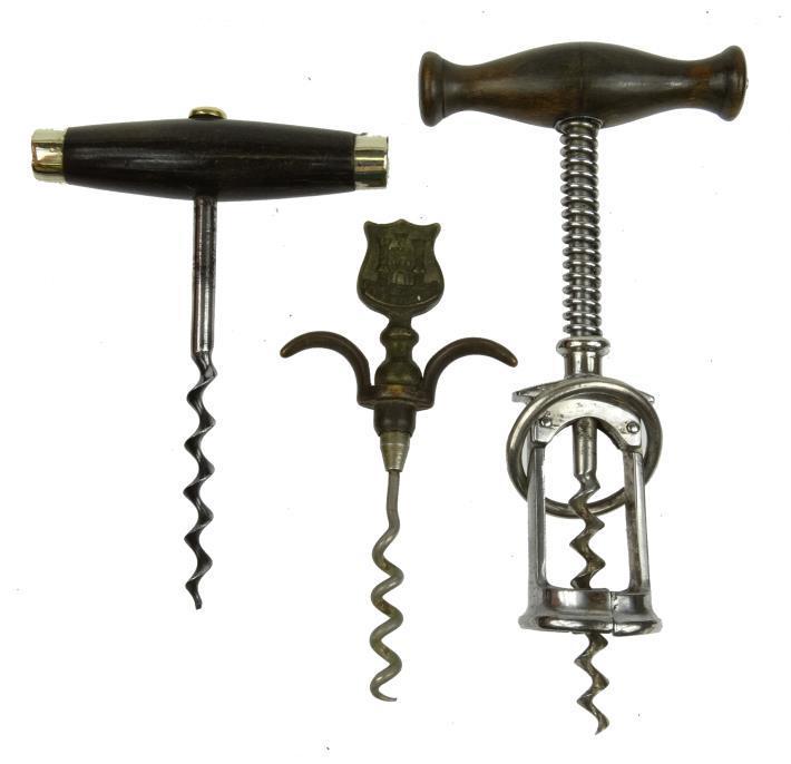 Vintage Columbus steel corkscrew with open cage, steel T-handled corkscrew and an Edinburgh