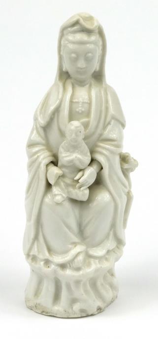 Chinese blanc-de-chine porcelain figure of a deity bearing a paper label to the underside, 22cm