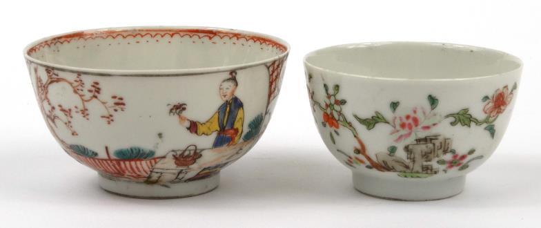 Two Chinese porcelain tea bowls - one enamelled with figures and trees, the other sparsely