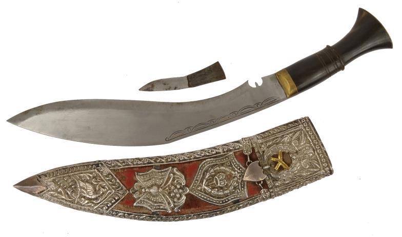 Steel bladed kukri knife with gilt decorated blade, horn handle and velvet sheath with decorative