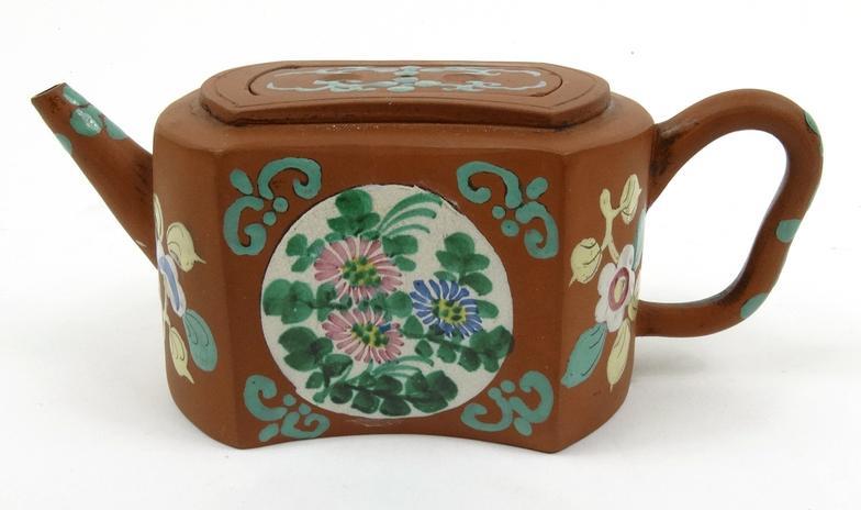 Chinese terracotta Yixing style teapot and cover enamelled with flowers and foliage, impressed