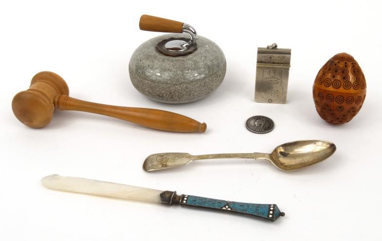 Objects including a Russian style enamel handled knife with mother of pearl blade, Scottish curling