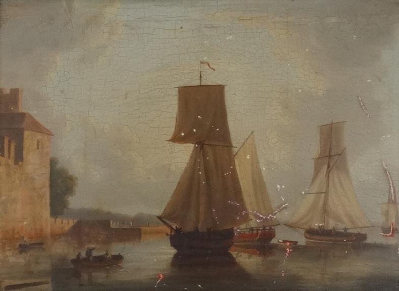 In the manner of William Anderson - Oil onto wood panel view of rigged sailing vessels in a
