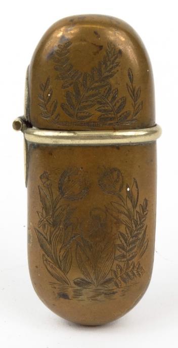 19th century brass vesta case chased with ferns and flowers and engraved `Cecilia Fowles 1877`, 7cm