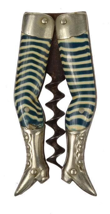 Set of novelty Edwardian legs corkscrew with blue and white stockings and steel worm, 7cm in length