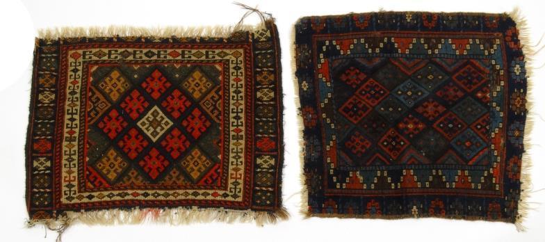 Two Middle Eastern prayer mats with geometric decoration, the larger 60cm x 53cm excluding the