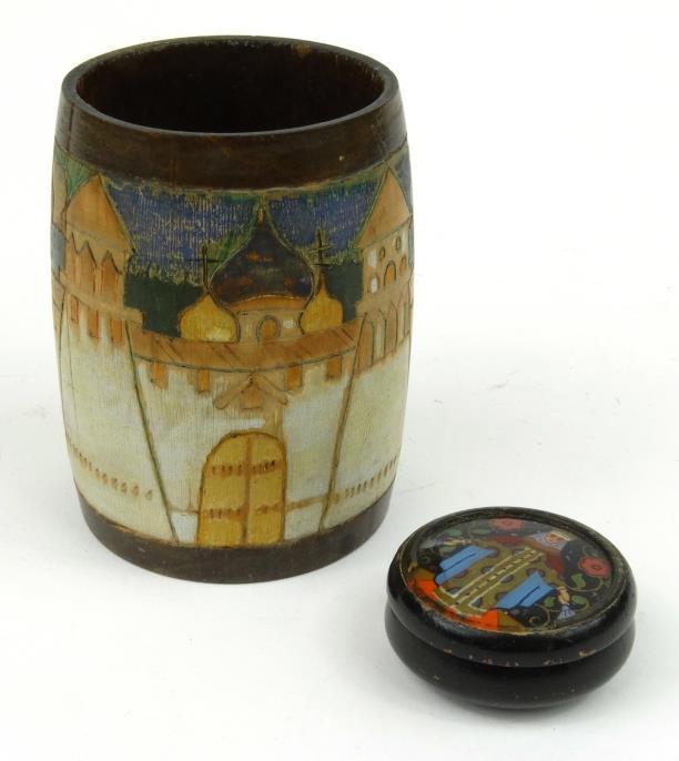 Scandinavian wooden pot decorated with an architectural view, together with a Russian style