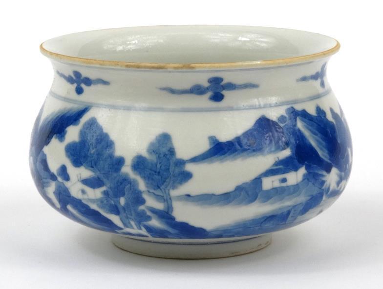 Small Chinese porcelain bowl, underglaze blue painted with a continuous landscape scene, six figure