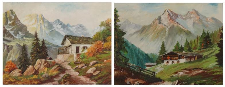 Two oil onto board views of Alpine chalets, each indistinctly signed, each 28cm x 38cm : For