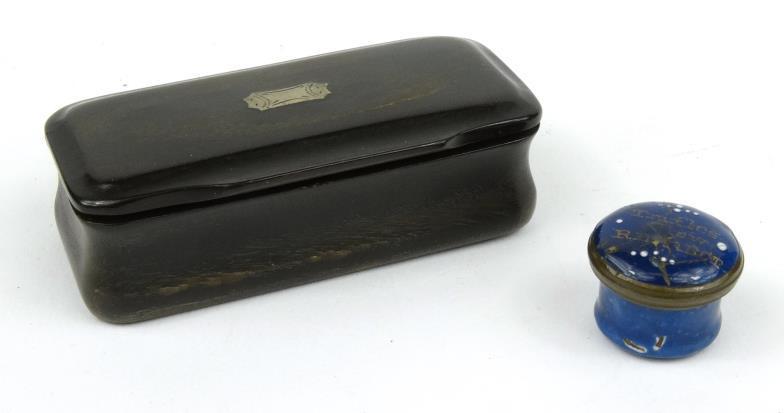 19th Century rectangular horn snuff box, together with an antique blue enamelled patch box with
