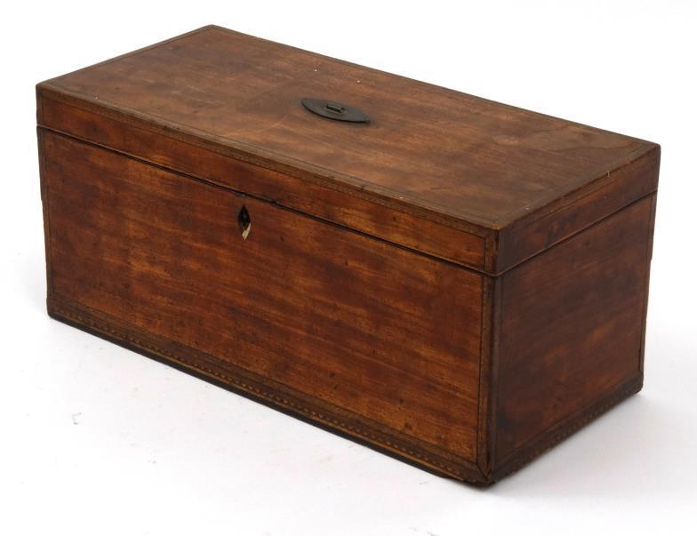19th Century rectangular mahogany tea caddy with inlaid decoration, the interior opening to reveal