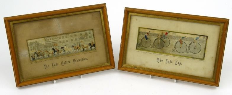 Two framed Victorian Stevengraphs - The Lady Godiva Procession and The Last Lap, each in a titled