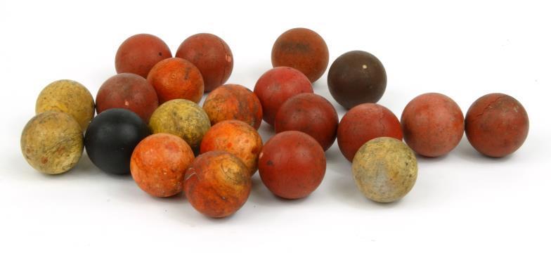Collection of antique billiard balls, some red stained, each approximately 4.5cm diameter : For