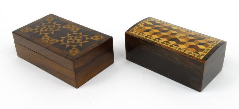 Two rectangular Tunbridge ware boxes - one with tumbling cube inlay, the other with tesserae inlay