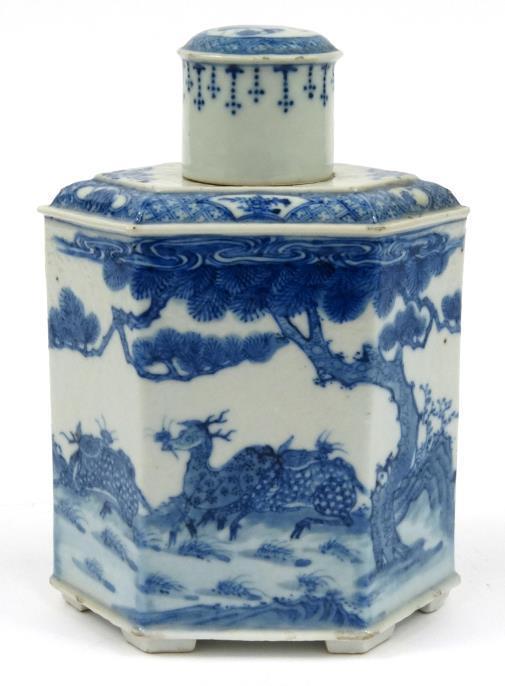 Chinese porcelain tea caddy and cover, underglaze blue painted with animals, fruit and flowers,