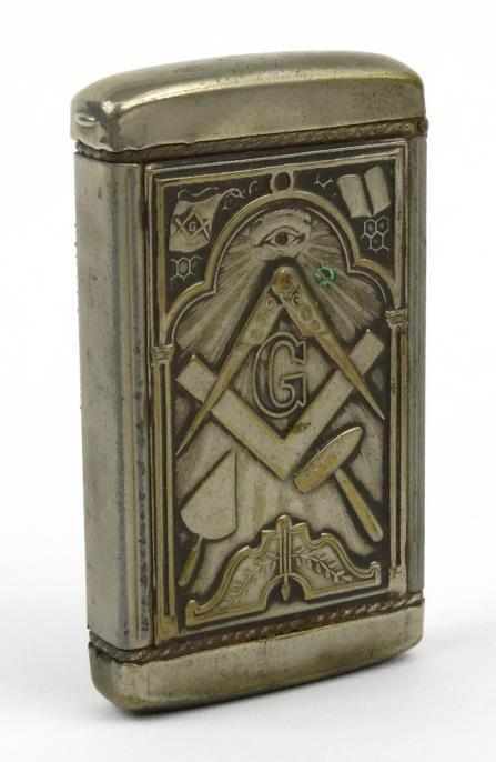 Rectangular Masonic interest metal vesta case decorated with a view of Niagara Falls and Masonic