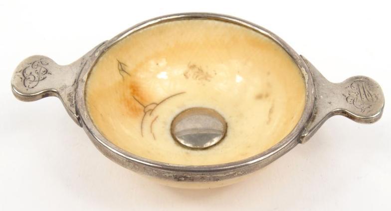 Antique ivory Quaich with silver coloured metal mounts the handles engraved with monograms 9cm in