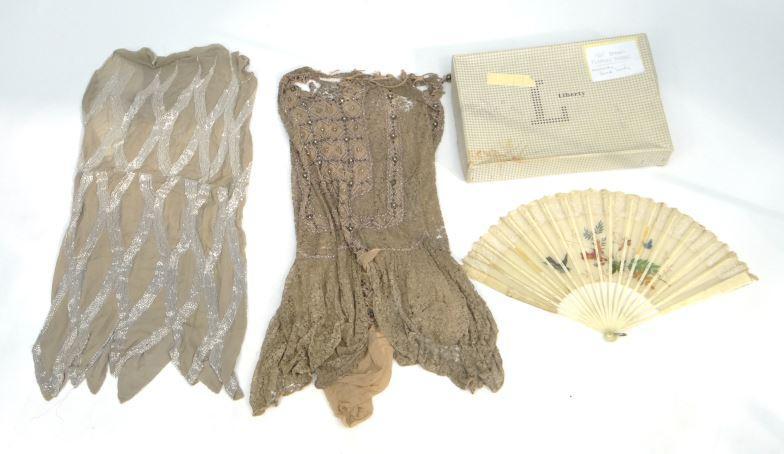 Two vintage silk and sequin dresses in a Liberty box and a hand painted silk fan : FOR CONDITION