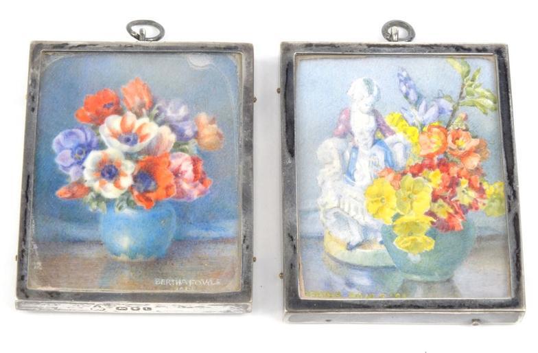 Two miniature rectangular silver photo frames containing original watercolour still life paintings