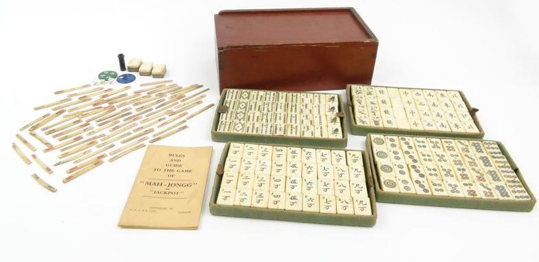 Cased mah-jong game by Jackpot of London containing bone tiles and counter sticks the box 27cm in