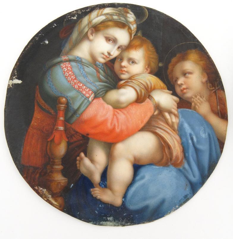 Circular panel hand painted with Madonna Della Sedia scene after Raphael framed 12cm diameter