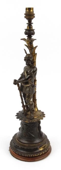 Large Edwardian bronze table lamp modelled as Thor the Norse God of war on a wooden base 50cm