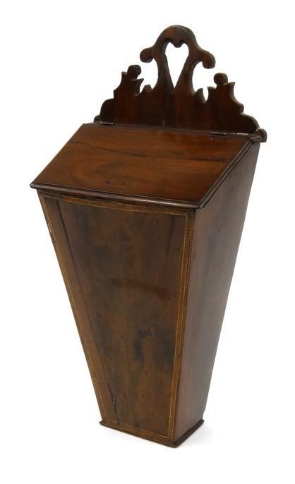 19th Century mahogany wall hanging candle box with inlaid decoration 49cm high : FOR CONDITION