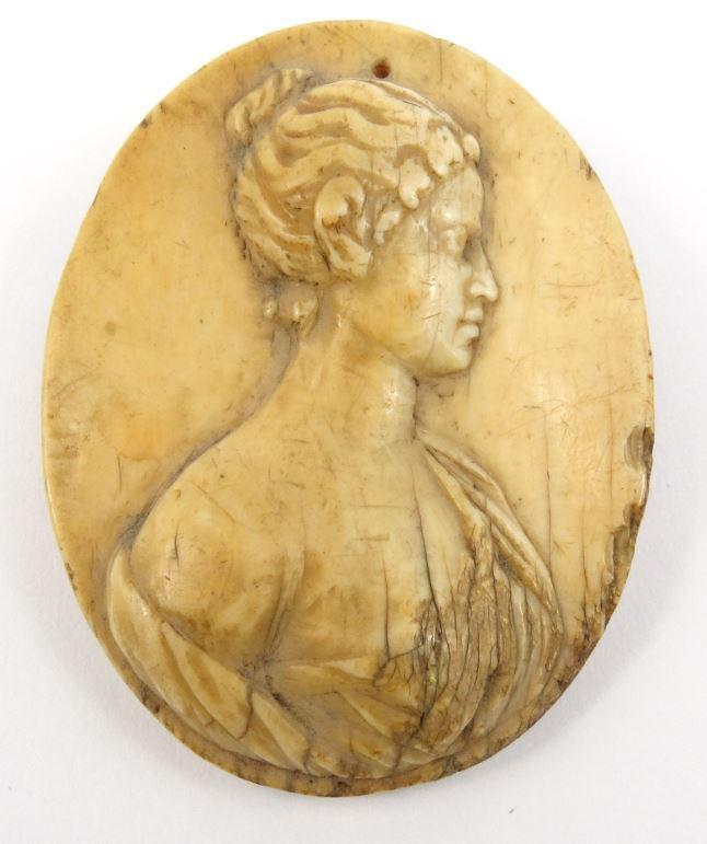 Antique oval ivory panel carved in relief with a female side profile portrait 8cm x 6cm : FOR