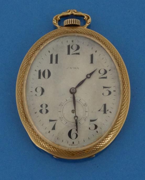Cyma 18ct gold pocket watch with blue enamelled decoration to the reverse approximate weight 51.