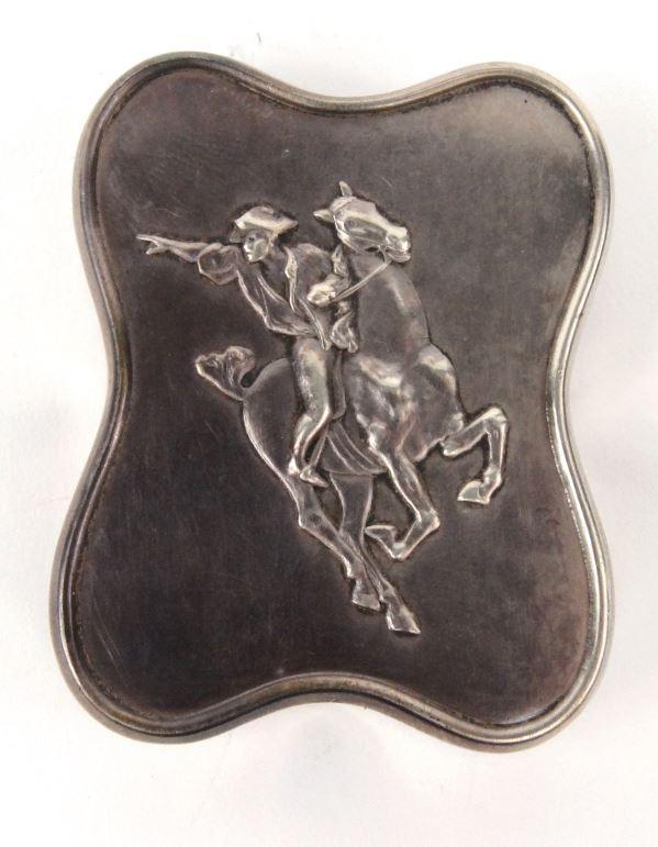 Equestrian interest silver pill box embossed with a figure on horseback to the lid engraved `Paul