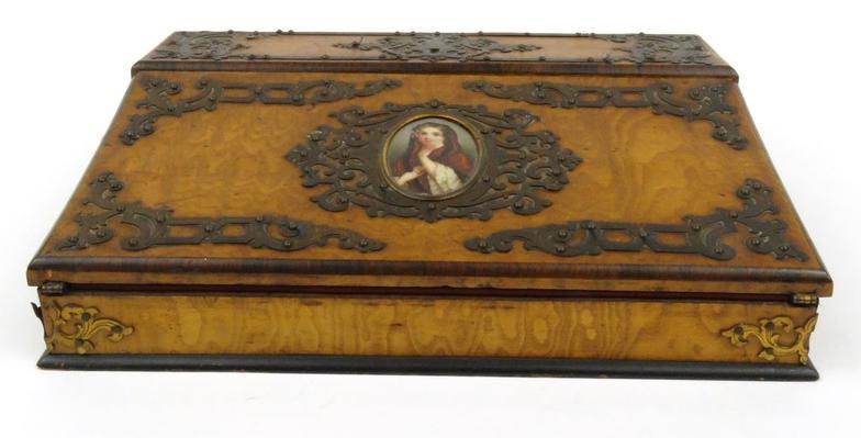 Victorian burr wood writing slope with brass mounts and central panel painted with a young female