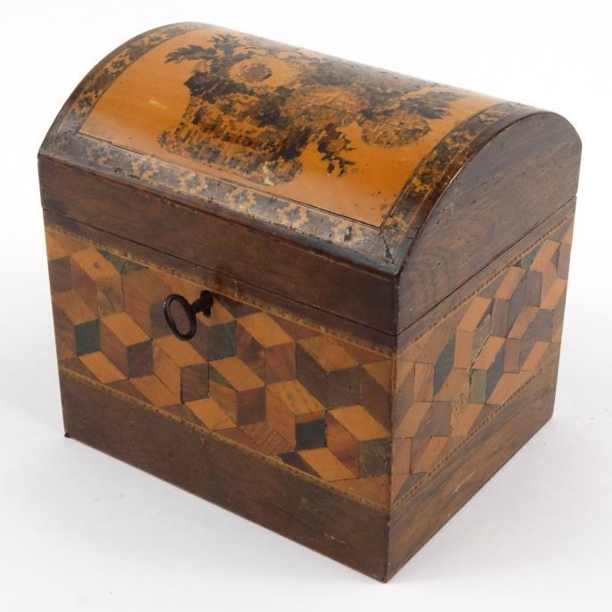 Victorian Tunbridge ware dome topped single tea caddy with floral micromosaic and tesserae inlay
