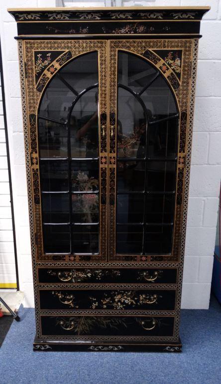 Oriental black lacquered display cabinet fitted with drawers to the base 193cm high x 91cm wide x