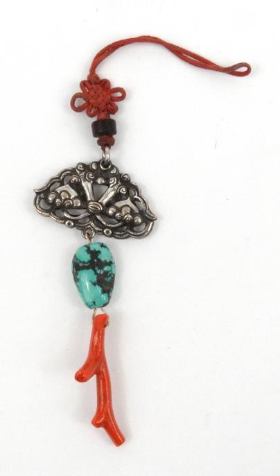 Oriental silver coloured metal turquoise and coral pendant 10cm in length approximate weight 13.