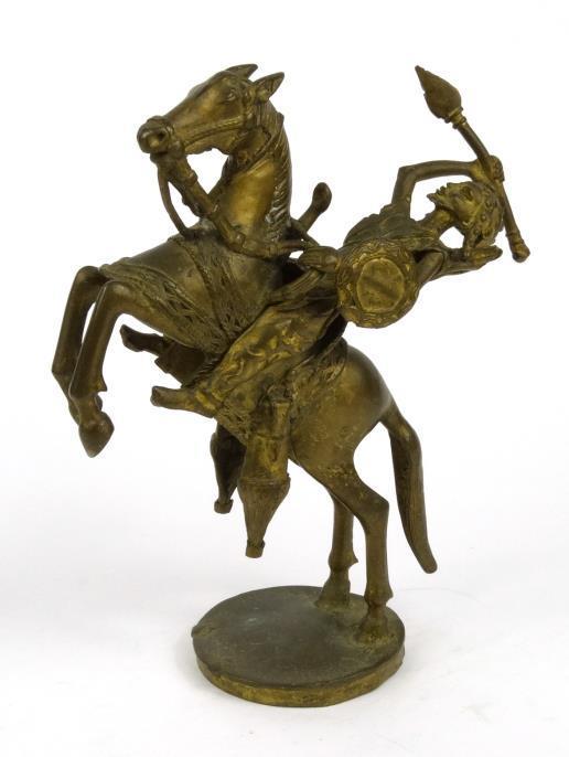 African bronze Benin style figure of a warrior on rearing horseback. 32cm high : For Condition