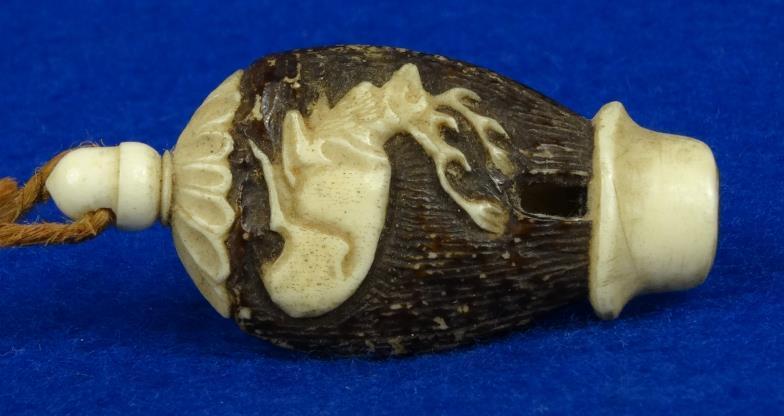 Victorian stained ivory hunting whistle carved with a stag, 4cm high : For Condition Reports please
