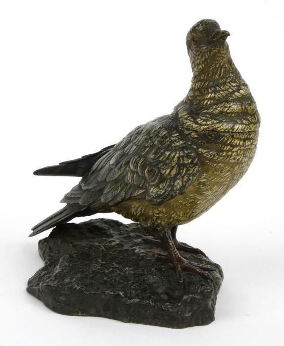 Victorian Austrian cold painted bronze inkwell modelled as a partridge on a rock, stamped Geschutzt