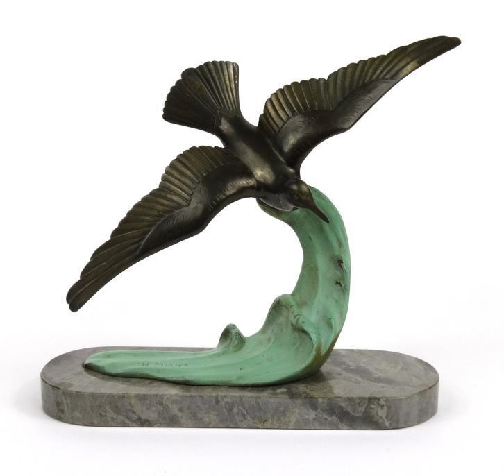 H. Molins 1920`s Bronze sculpture of a seagull on a grey marble base by H. Molins, 32cm high : For