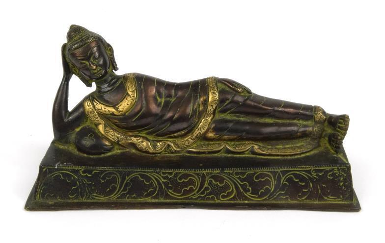 Oriental bronze study of a reclining female on a couch, 24cm wide : For Condition Reports please
