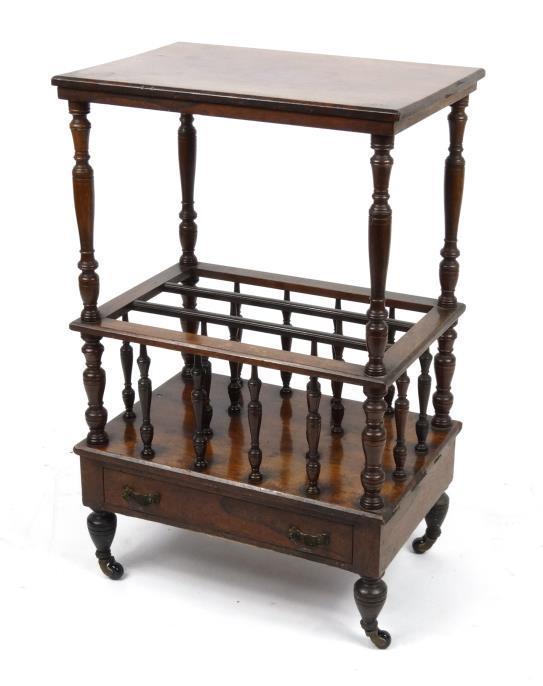 Victorian rosewood combination whatnot Canterbury, the rectangular top raised on turned supports