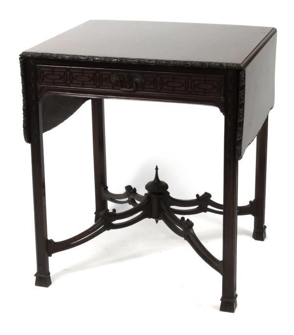 Edwardian mahogany Chinese Chippendale style Pembroke table, the rectangular top with floral carved