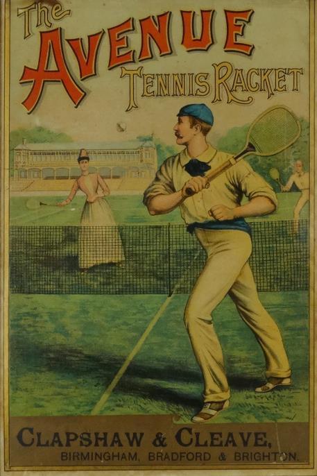 Rare Edwardian advertising lithograph panel for The Avenue Tennis Racquet by Clapshaw and Cleave,