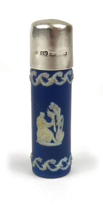 Victorian Jasper ware china scent bottle with white sprigged decoration and silver cap, rubbed