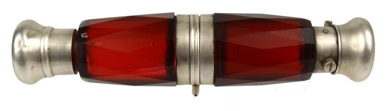 Large Victorian cut red glass twin divisional scent/snuff bottle with silver plated mounts and