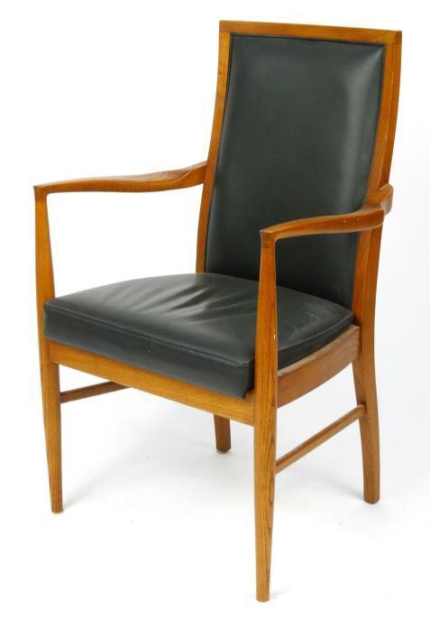 Hans Wegner style teak elbow chair with black upholstered back and seat, 96cm high : For Condition