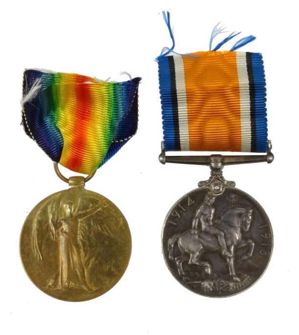 World War I British military medal group comprising 1914-18 War medal and Victory medal, each